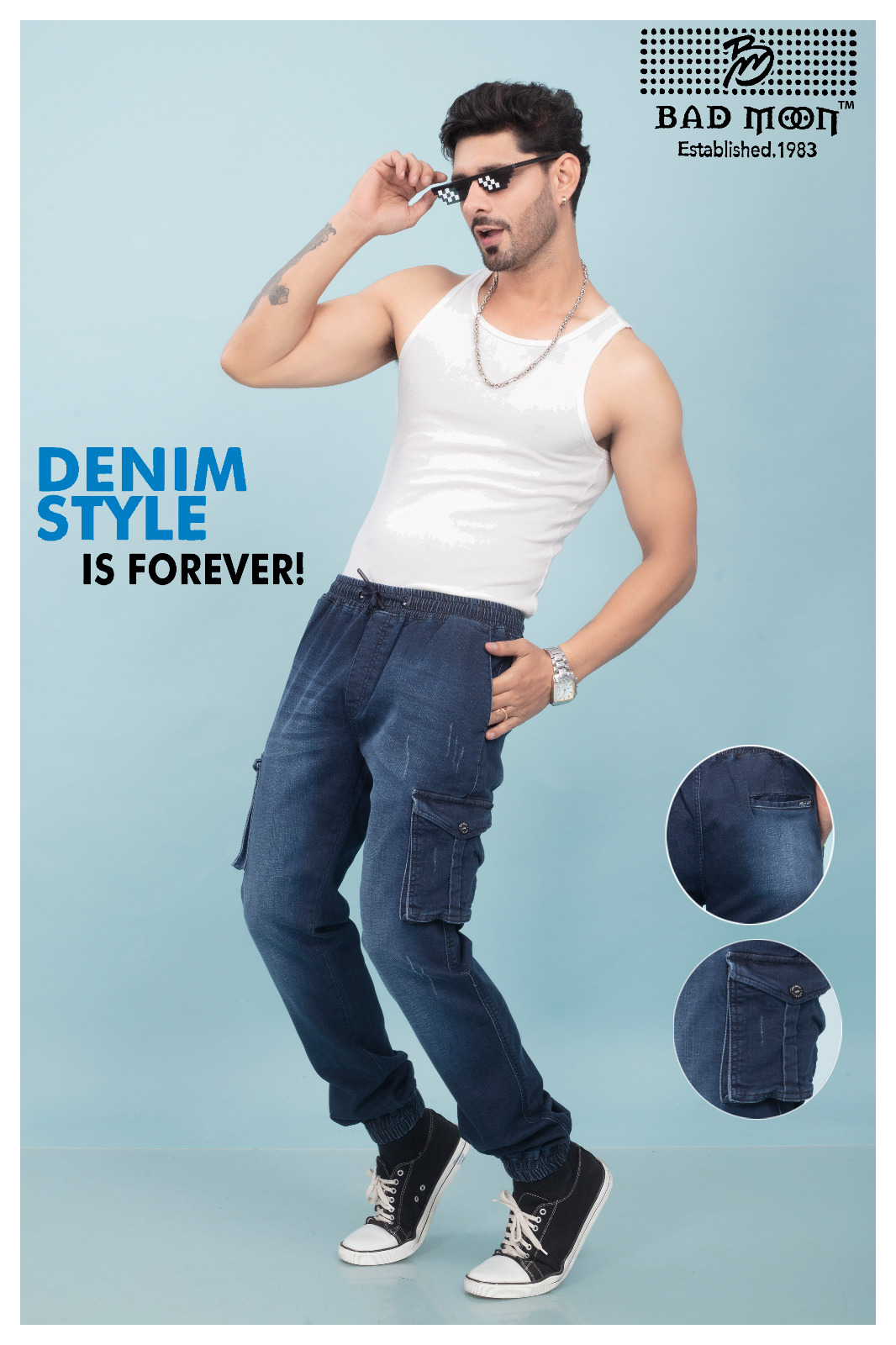 Men’s Denim Cargo Jogger Pants (Blue)
