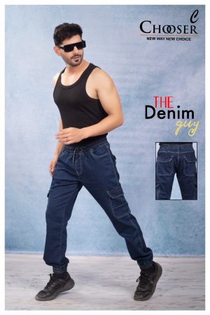 Men’s Denim Cargo Jogger Pants (Dark Blue)
